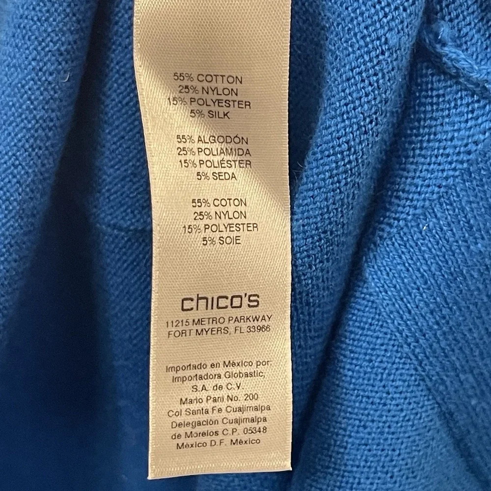 Chico's 1 Short Sleeve Knit Sweater Top Long Line Vibrant Blue Pockets Size S/M